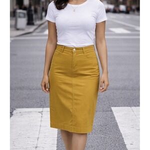 Jade Mackenzie Women Mustard Denim Pencil Skirt Large 14 Midi Length Stretch